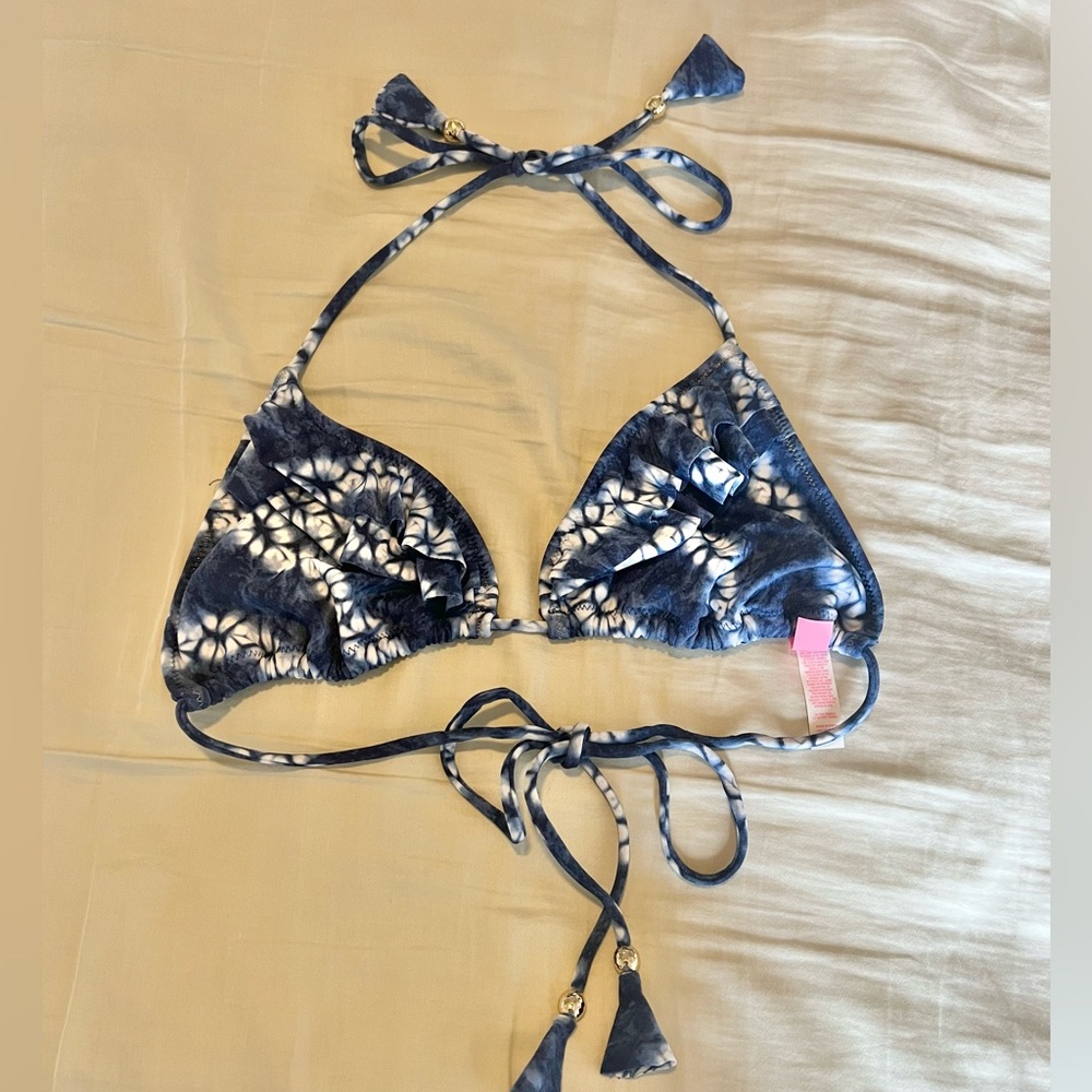 Victoria’s Secret the flounce teeny triangle blue white tie dye bikini swim top